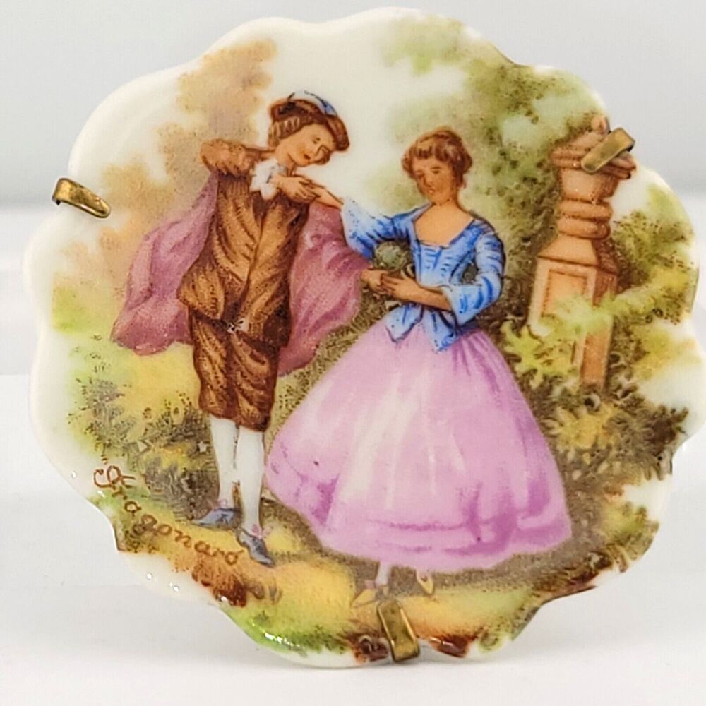 Antique Limoges France Signed Courting Couple Porcelain Mini Charger Brooch